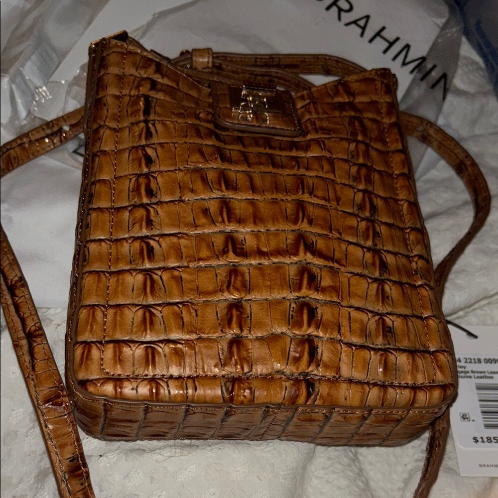 (Fairly New)Brahmin Tan Crocodile Embossed Marley brown leontyne Crossbody Bag